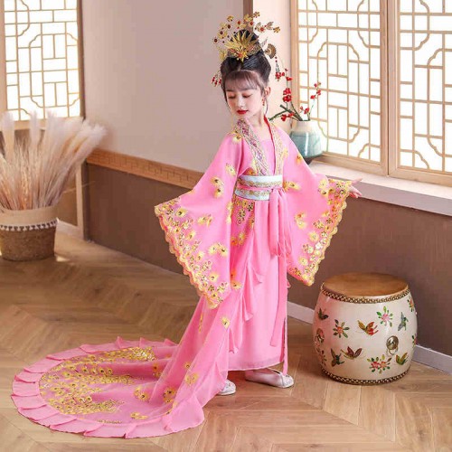 Children Girls chinese traditional folk costumes hanfu Tang Dynsty film drama Empress Queen Princess cosplay stage performance dresse Tang suit fairy dress for girl